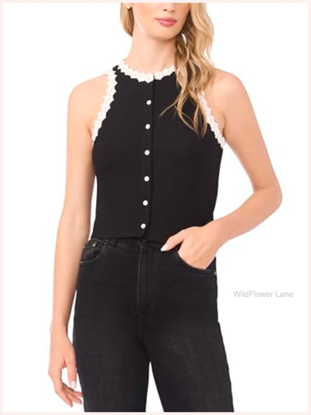 Sleeveless Button Down Crochet Floral Trim Top